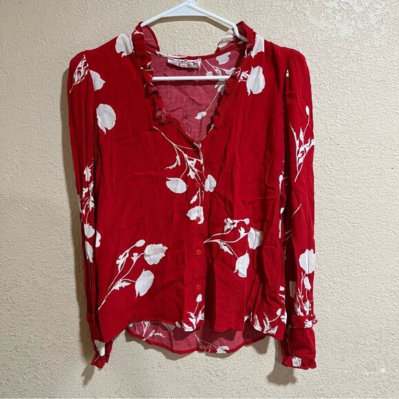 Ba&sh red white floral ruffle button up long sleeve top - Picture 2 of 11